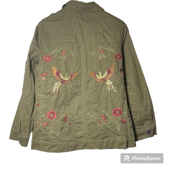 Colleen Lopez Phoenix Embroidered Birds Military Green Woman's Jacket Size M - Picture 4 of 15